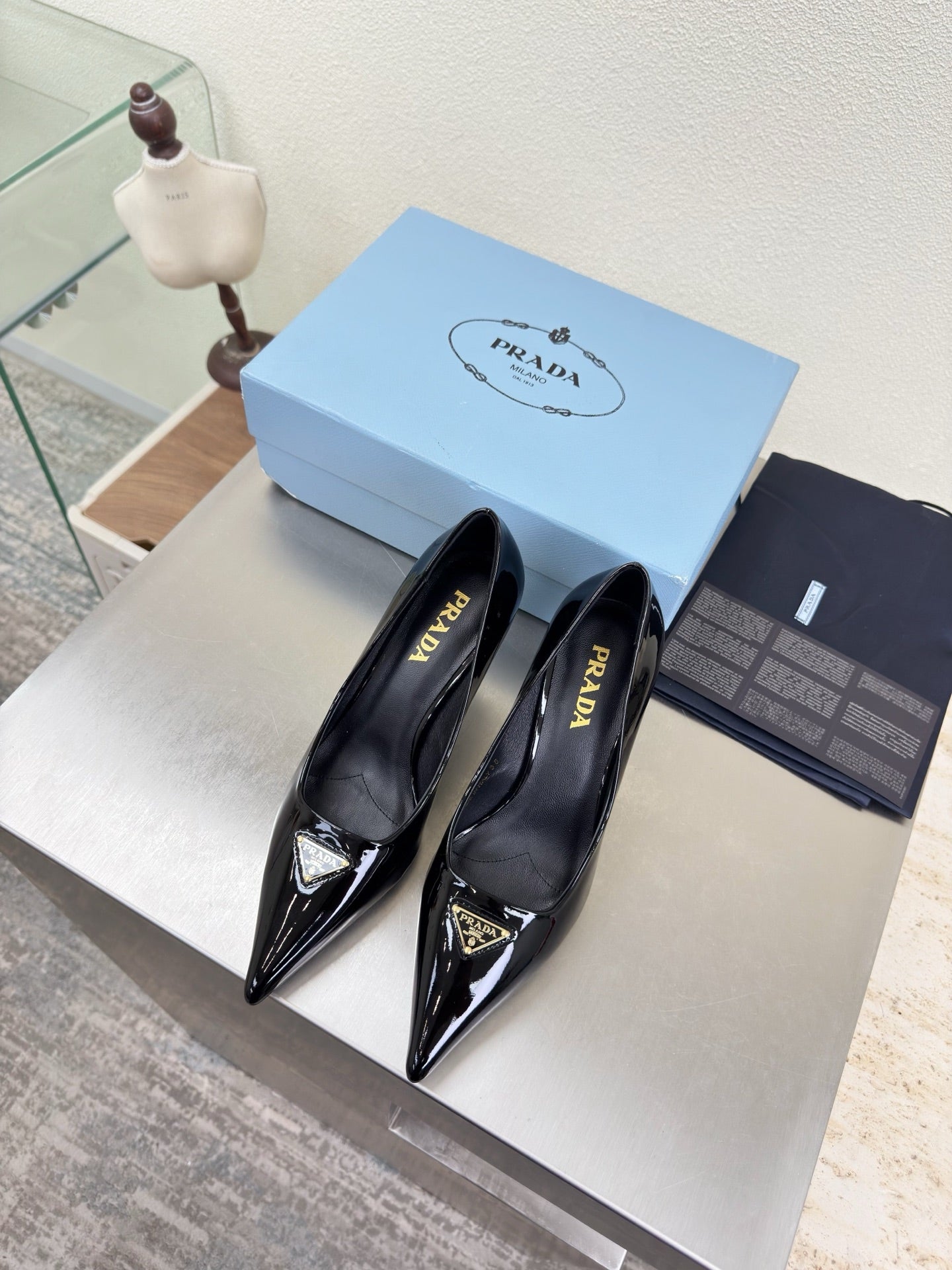 PRADA 26S POINTED TOE PUMPS 75MM IN BLACK PATENT CALFSKIN