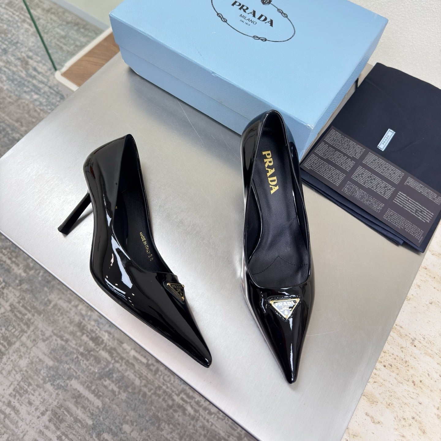 PRADA 26S POINTED TOE PUMPS 75MM IN BLACK PATENT CALFSKIN