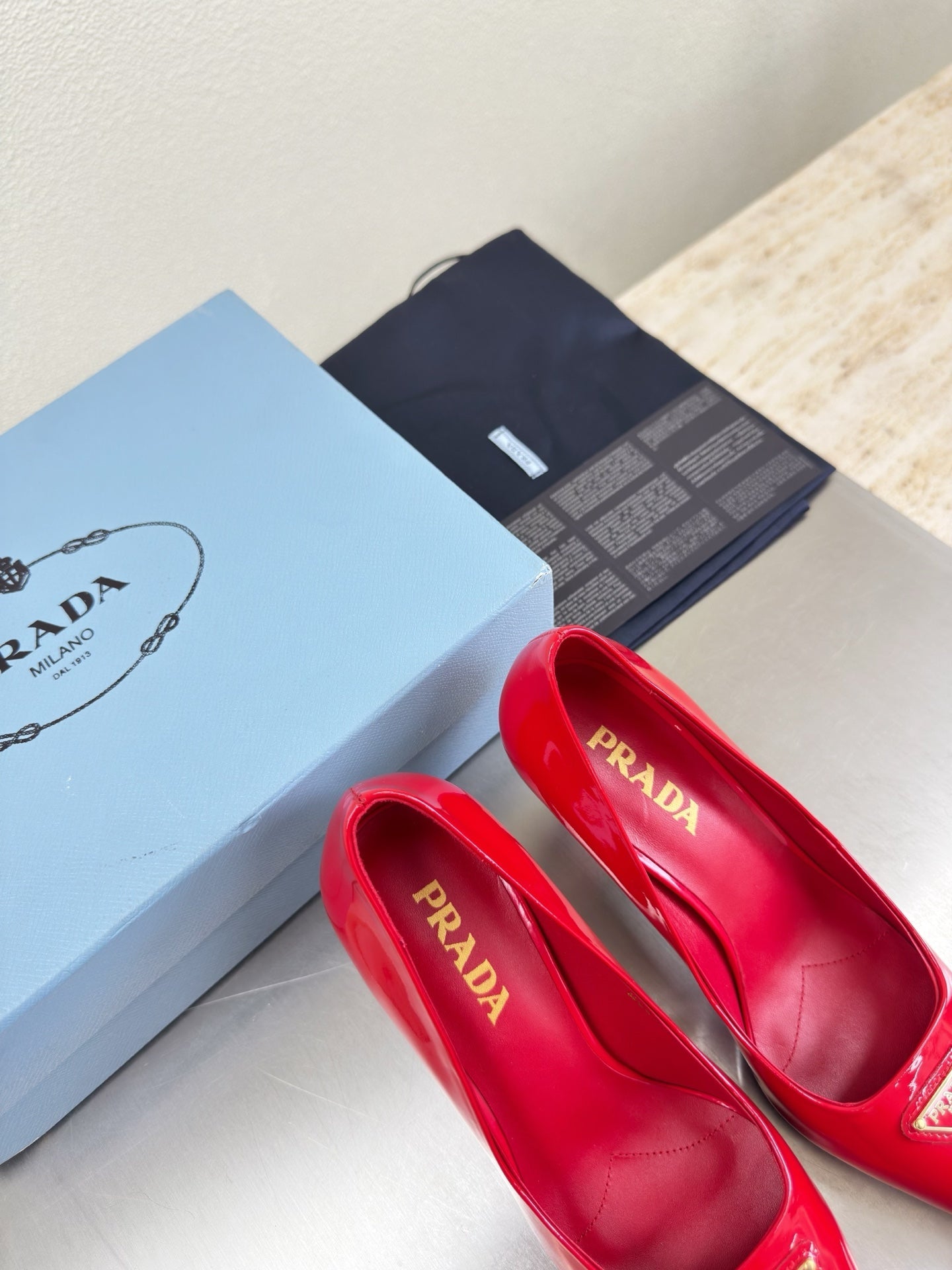 PRADA 26S POINTED TOE PUMPS 75MM IN RED PATENT CALFSKIN