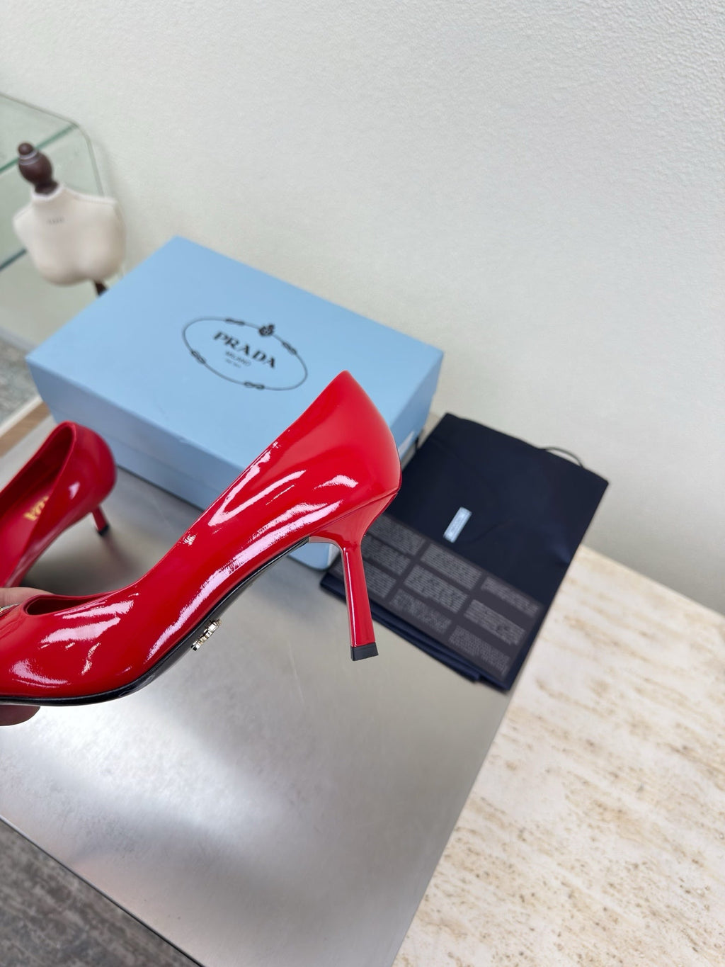 PRADA 26S POINTED TOE PUMPS 75MM IN RED PATENT CALFSKIN