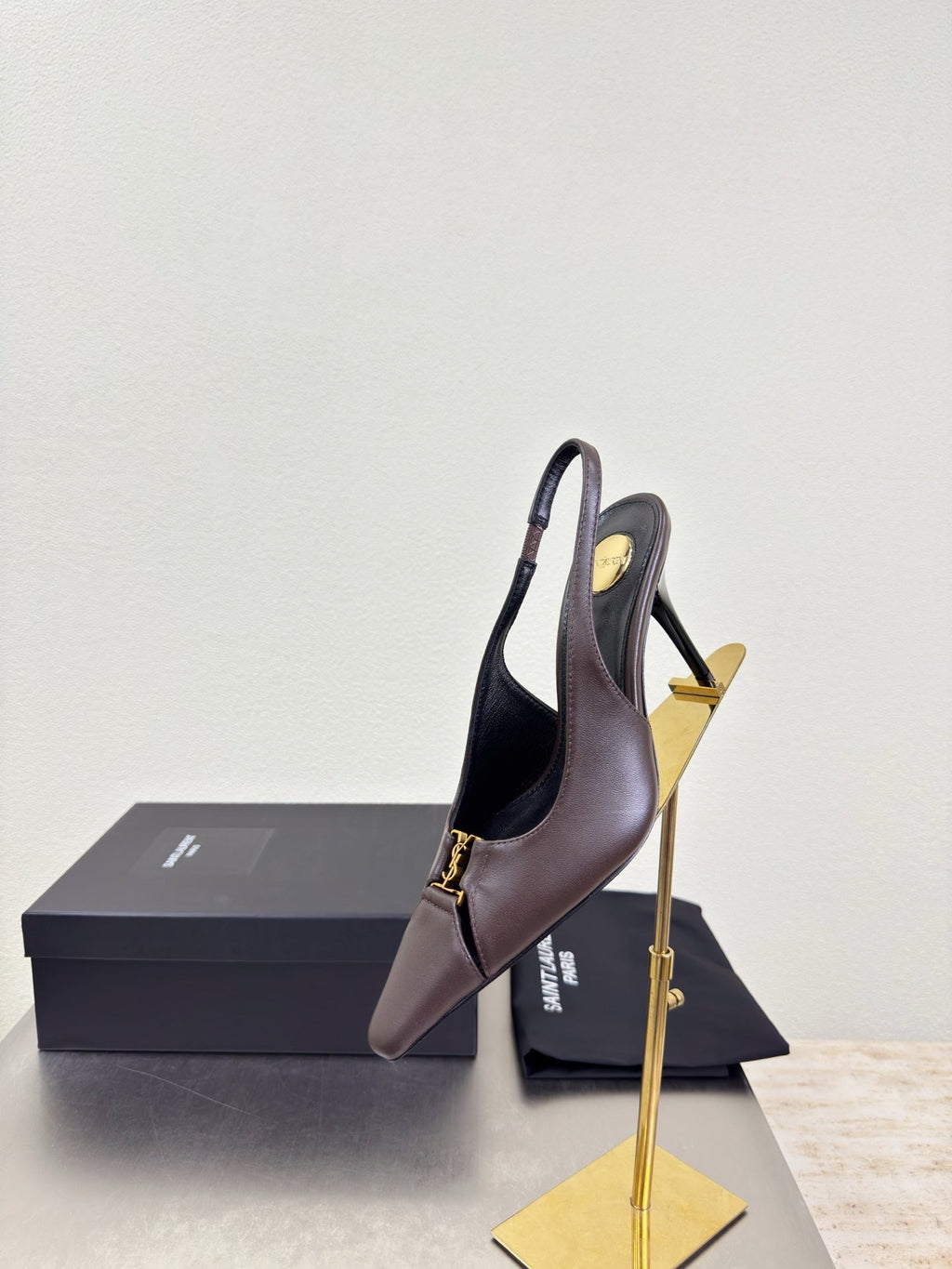 YSL 26S SLINGBACK HIGH HEELS 105 MM IN DARK BROWN CALFSKIN