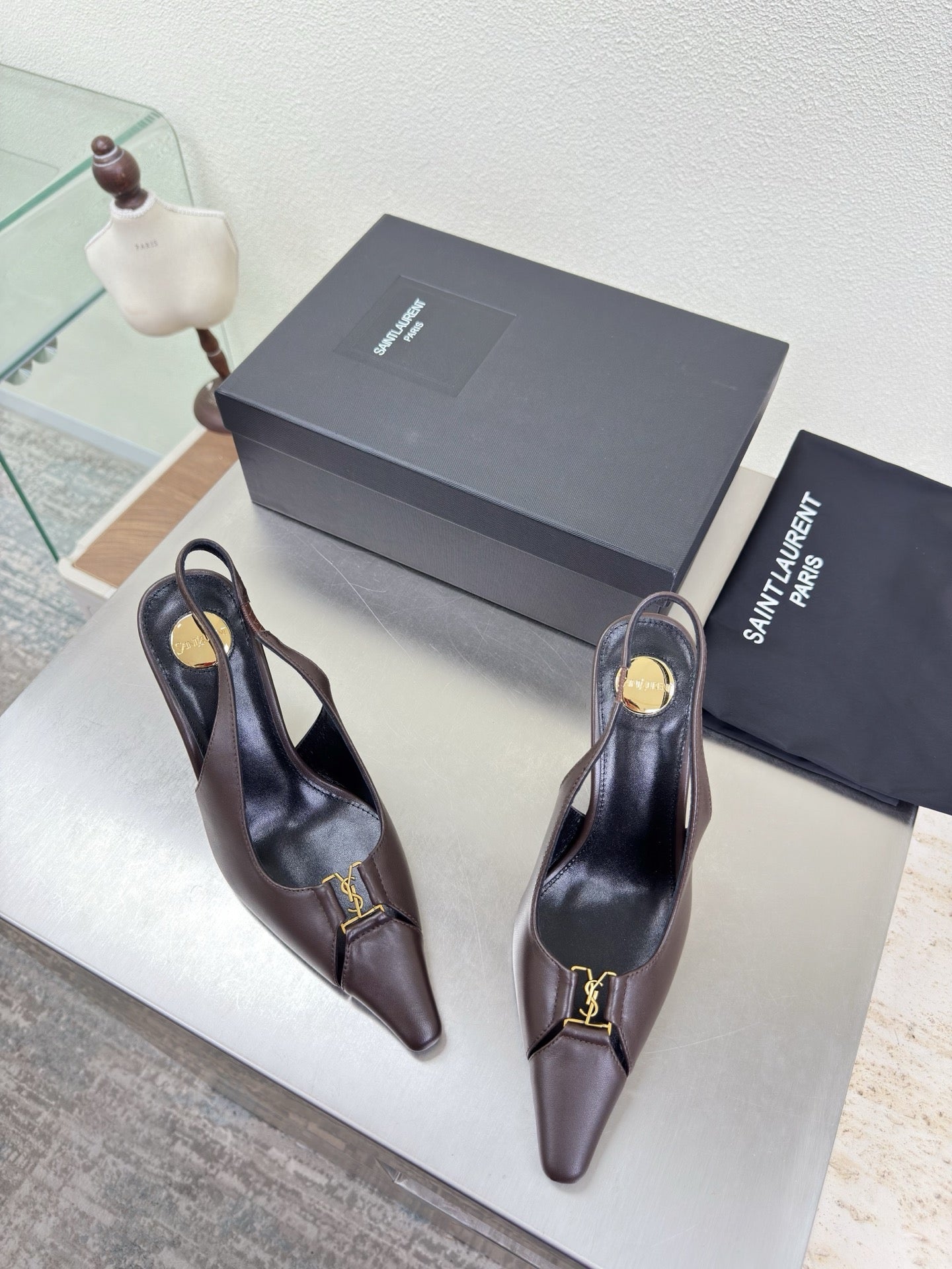YSL 26S SLINGBACK HIGH HEELS 105 MM IN DARK BROWN CALFSKIN