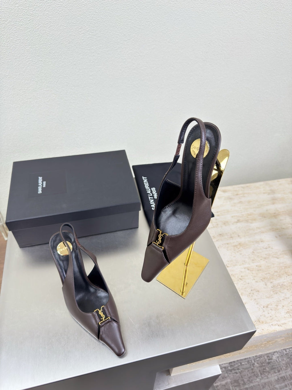 YSL 26S SLINGBACK HIGH HEELS 105 MM IN DARK BROWN CALFSKIN