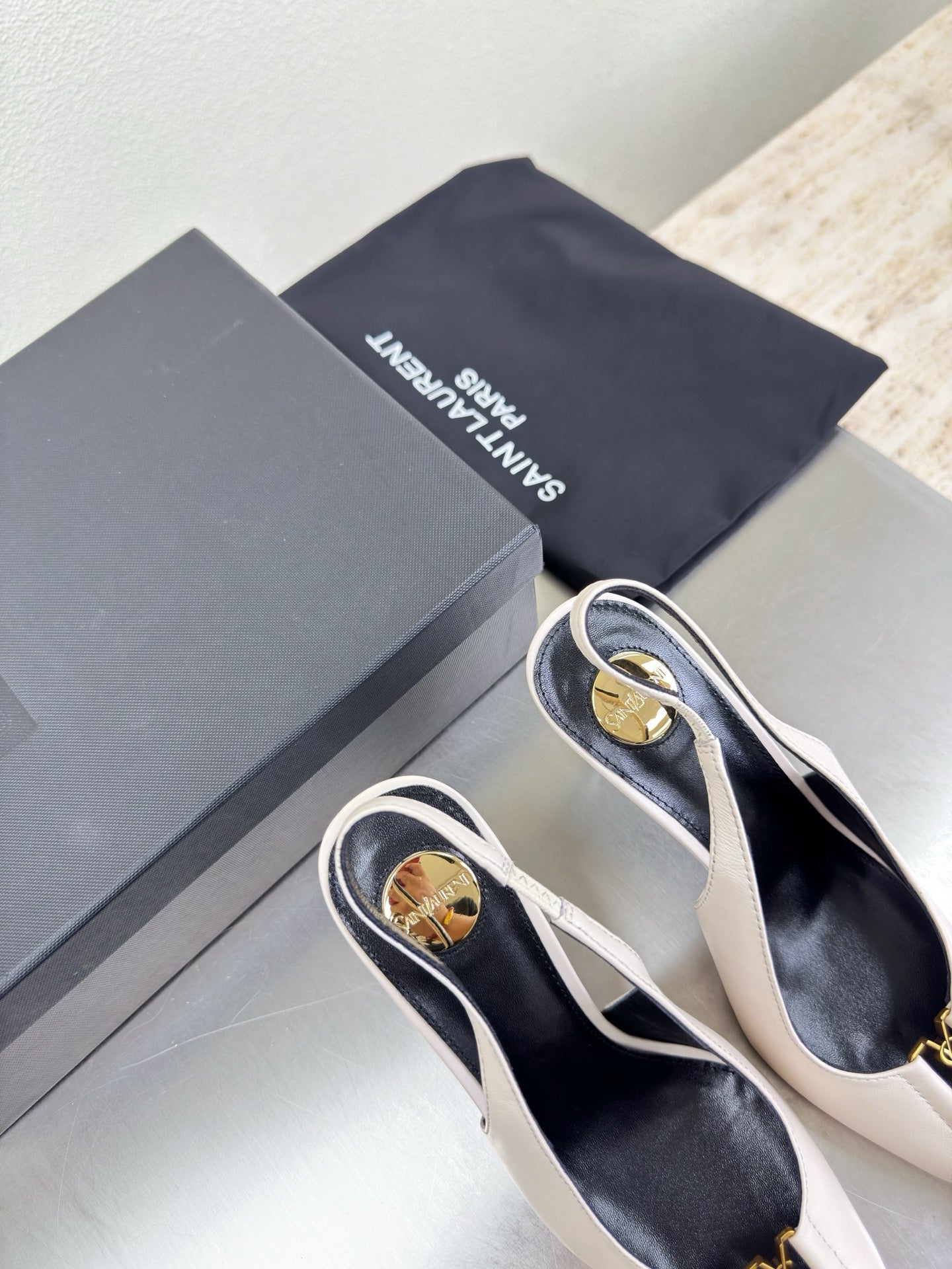 YSL 26S SLINGBACK HIGH HEELS 105 MM IN CREAM WHITE CALFSKIN