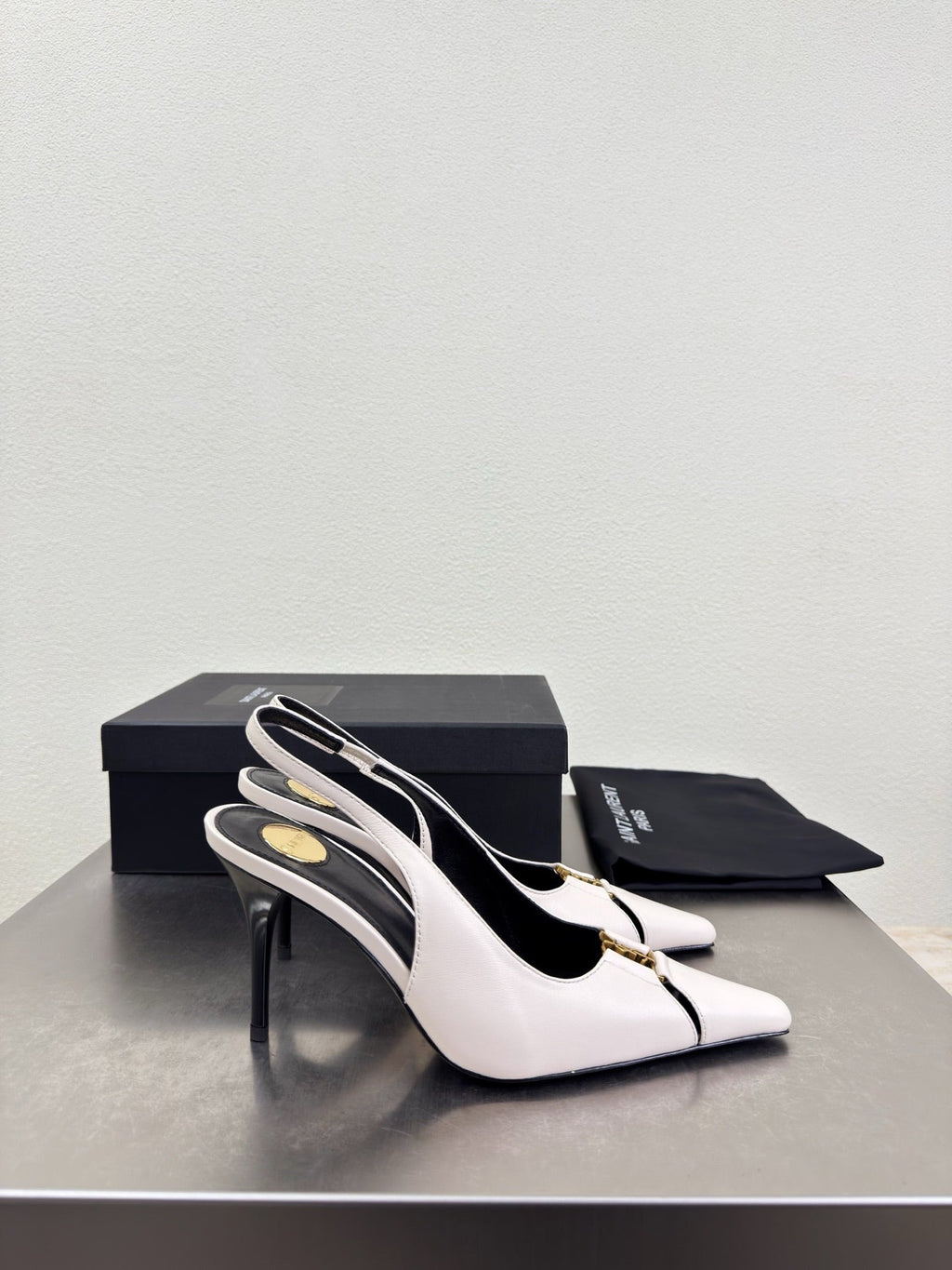 YSL 26S SLINGBACK HIGH HEELS 105 MM IN CREAM WHITE CALFSKIN