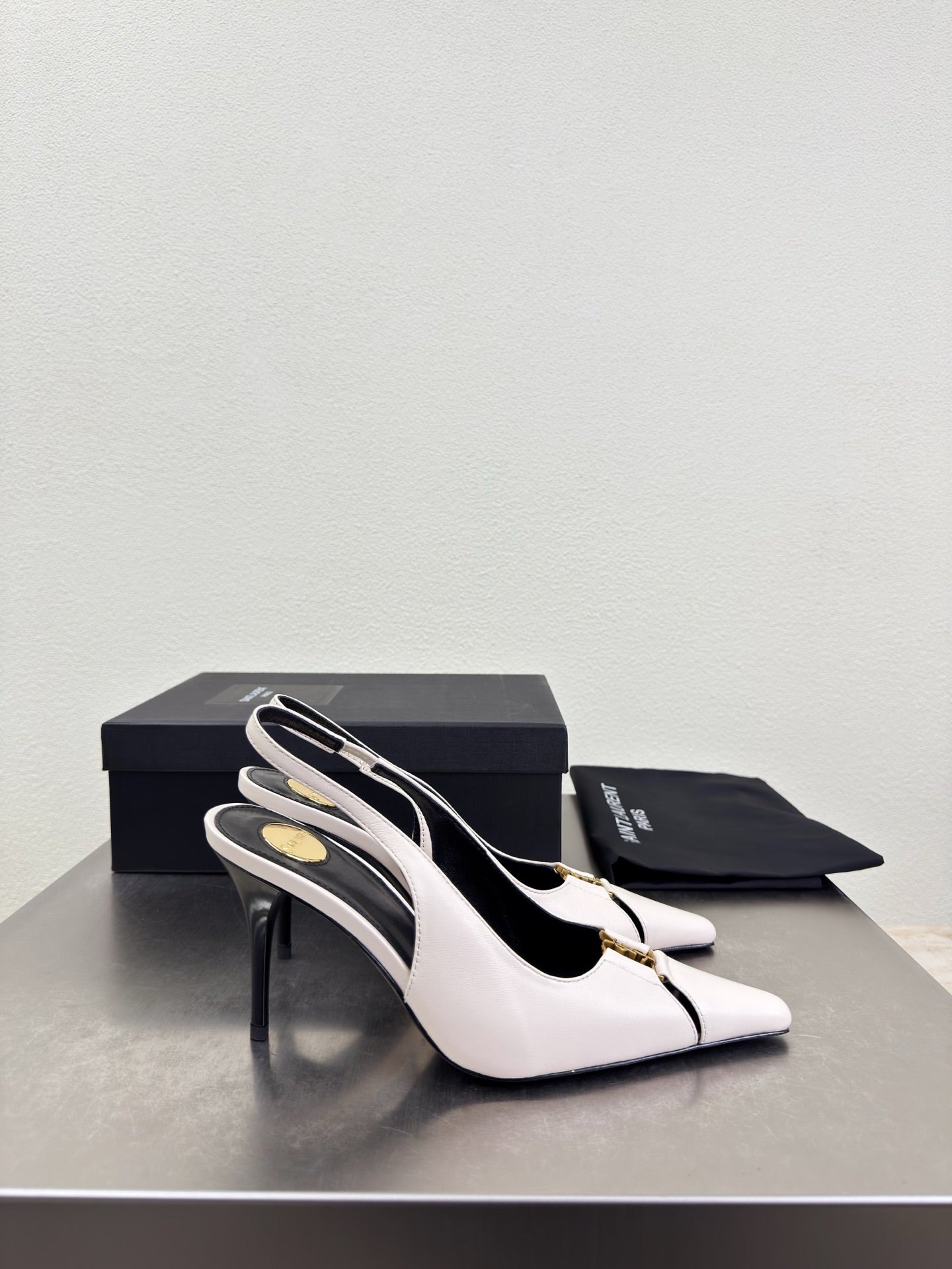 YSL 26S SLINGBACK HIGH HEELS 105 MM IN CREAM WHITE CALFSKIN