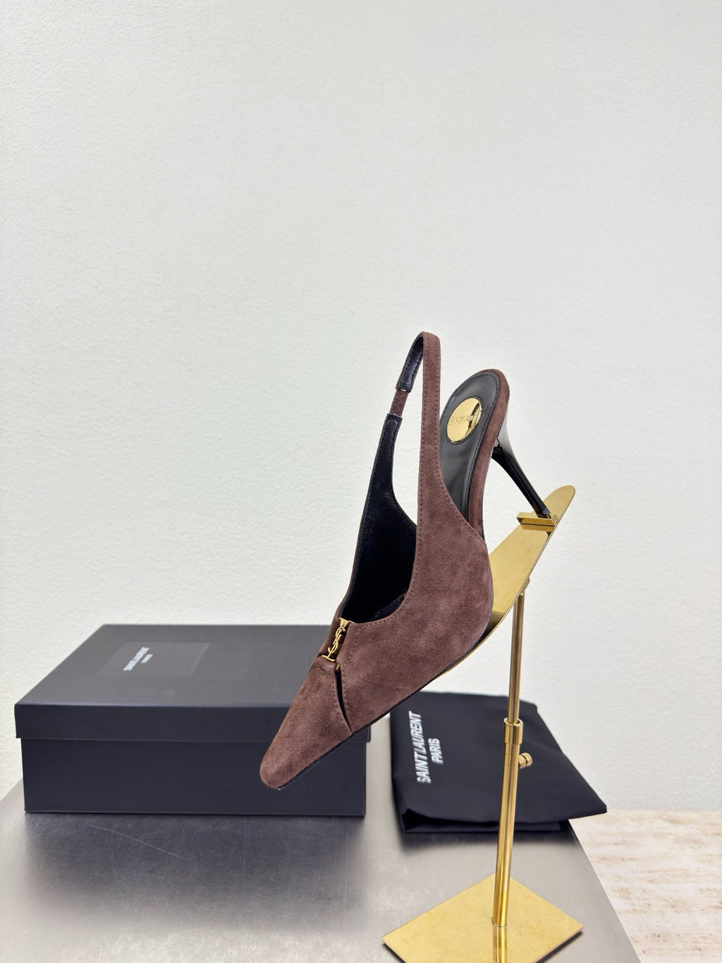 YSL 26S SLINGBACK HIGH HEELS 105 MM IN DARK BROWN SUEDE