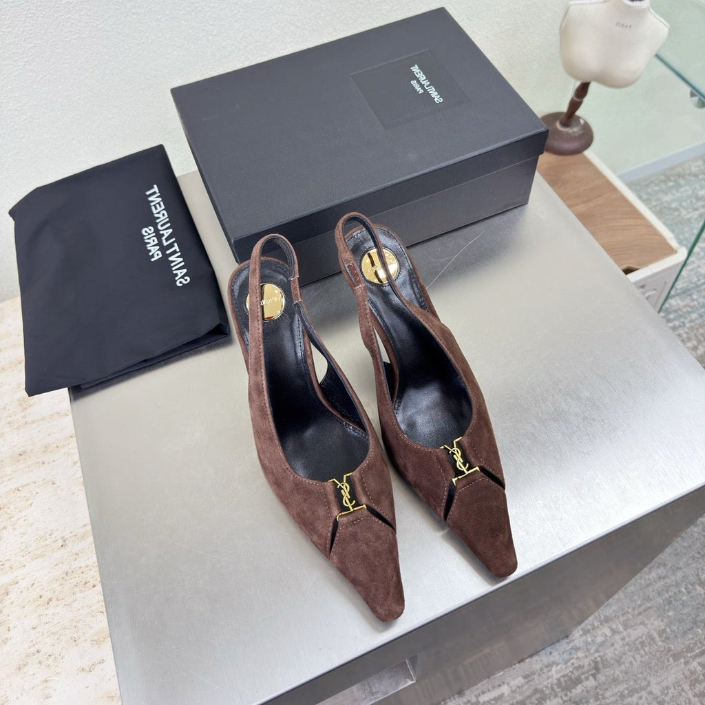 YSL 26S SLINGBACK HIGH HEELS 105 MM IN DARK BROWN SUEDE