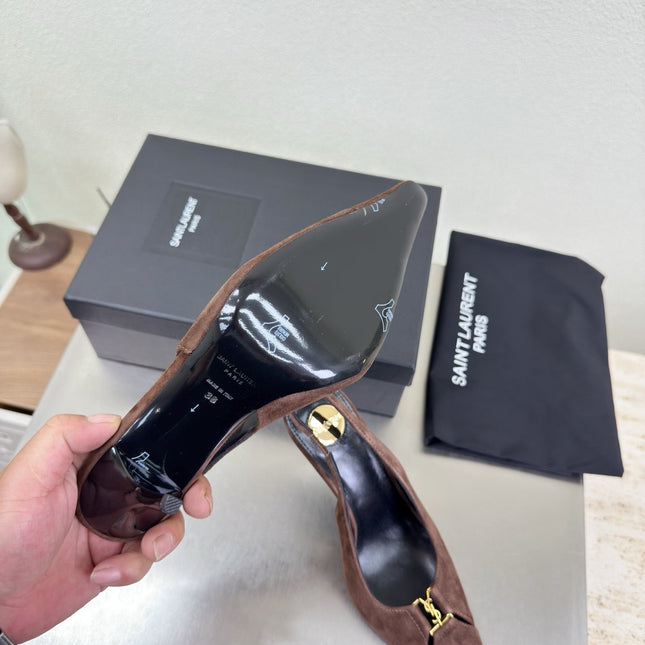 YSL 26S SLINGBACK HIGH HEELS 105 MM IN DARK BROWN SUEDE
