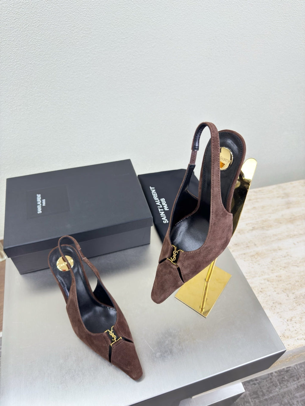 YSL 26S SLINGBACK HIGH HEELS 105 MM IN DARK BROWN SUEDE