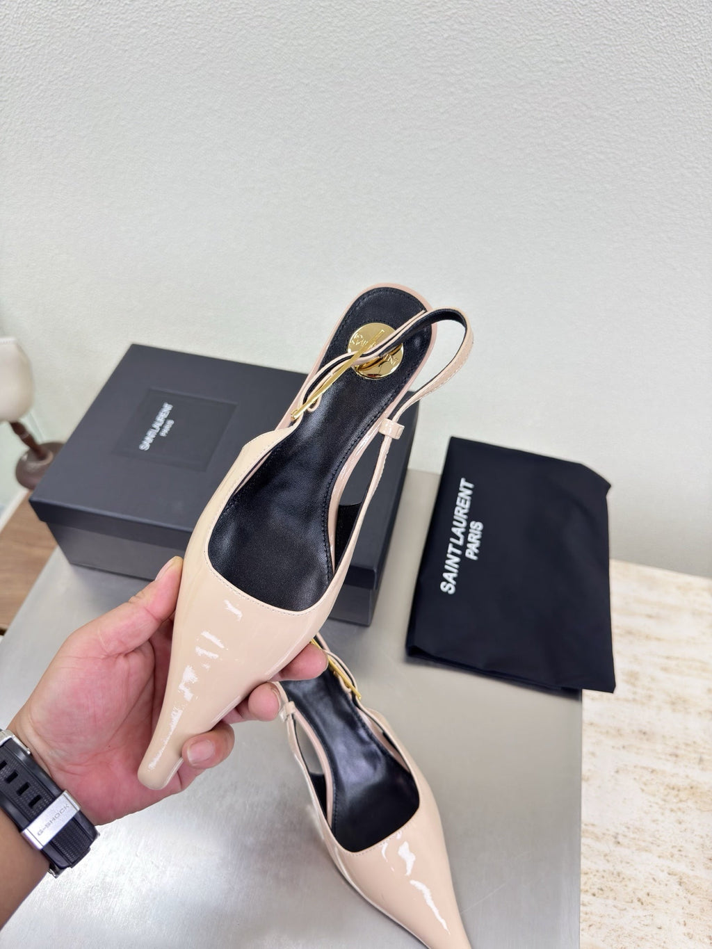 YSL 26S SLINGBACK HIGH HEELS 75 MM IN NUDE BEIGE GLOSSY CALFSKIN