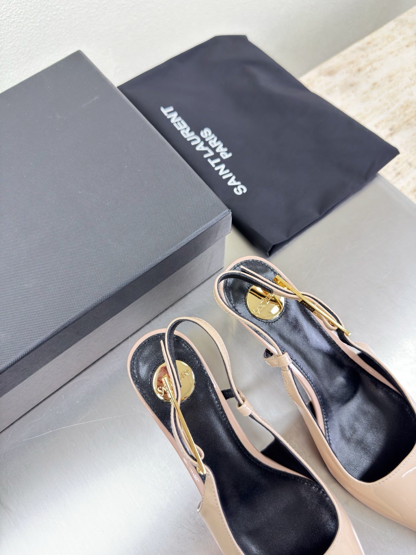 YSL 26S SLINGBACK HIGH HEELS 75 MM IN NUDE BEIGE GLOSSY CALFSKIN