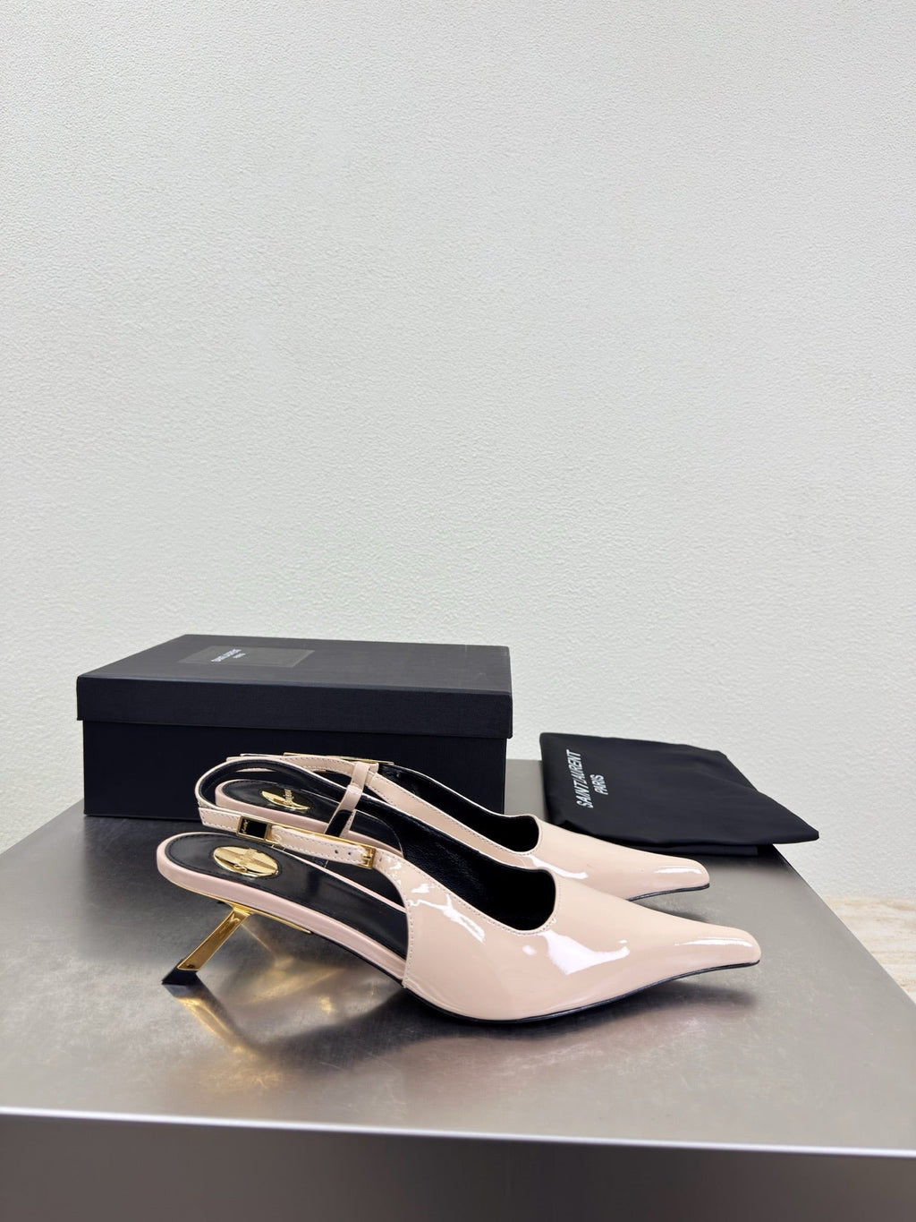 YSL 26S SLINGBACK HIGH HEELS 75 MM IN NUDE BEIGE GLOSSY CALFSKIN