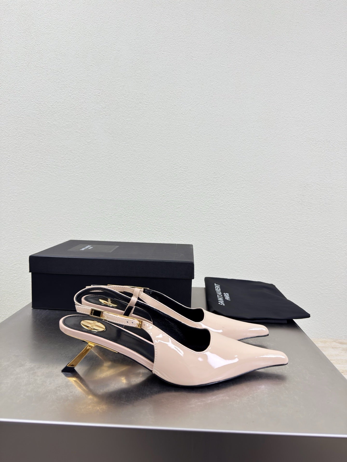 YSL 26S SLINGBACK HIGH HEELS 75 MM IN NUDE BEIGE GLOSSY CALFSKIN