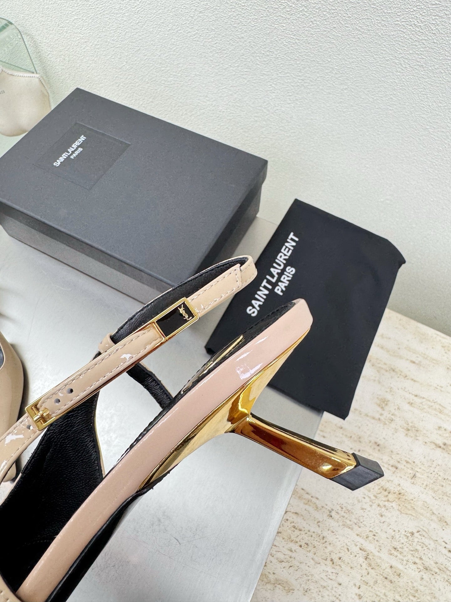 YSL 26S SLINGBACK HIGH HEELS 75 MM IN NUDE BEIGE GLOSSY CALFSKIN