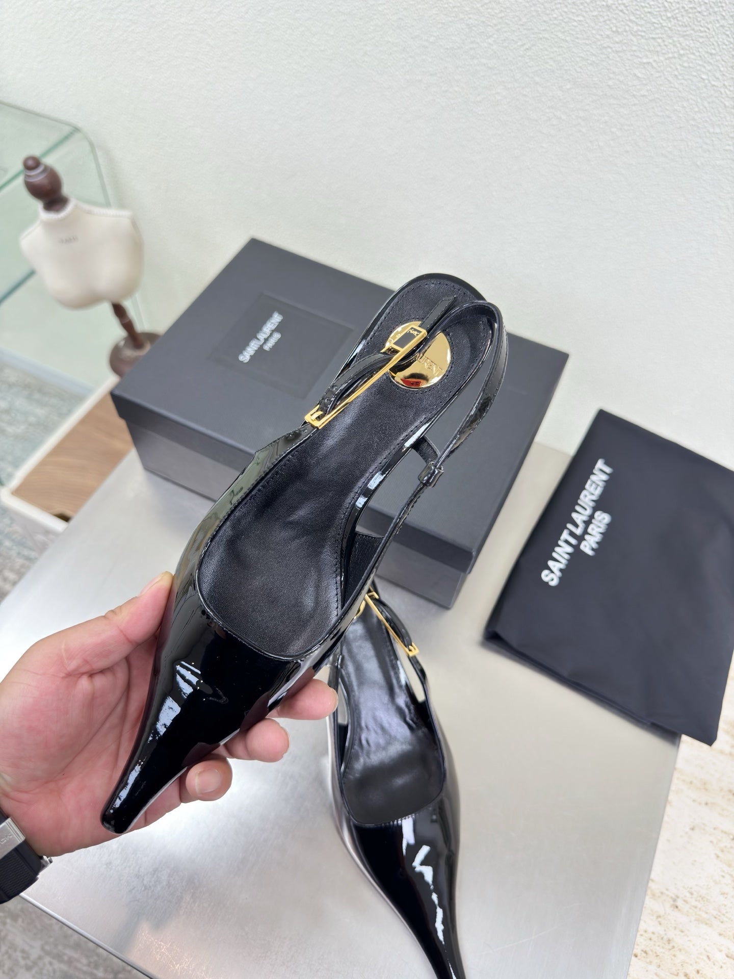 YSL 26S SLINGBACK HIGH HEELS 75 MM IN BLACK GLOSSY CALFSKIN