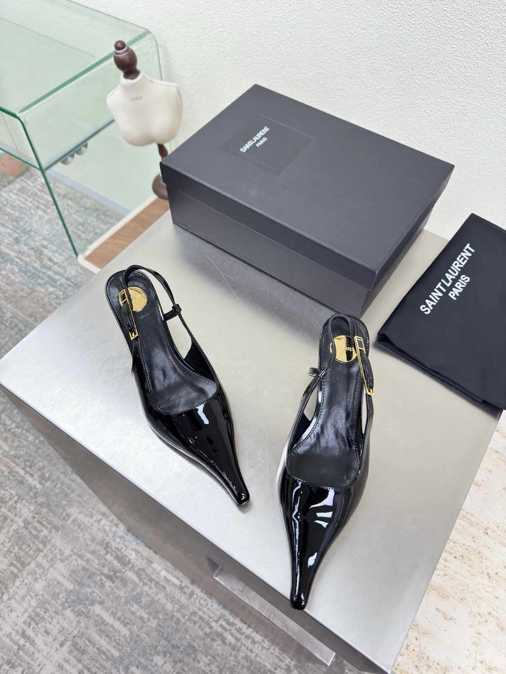YSL 26S SLINGBACK HIGH HEELS 75 MM IN BLACK GLOSSY CALFSKIN