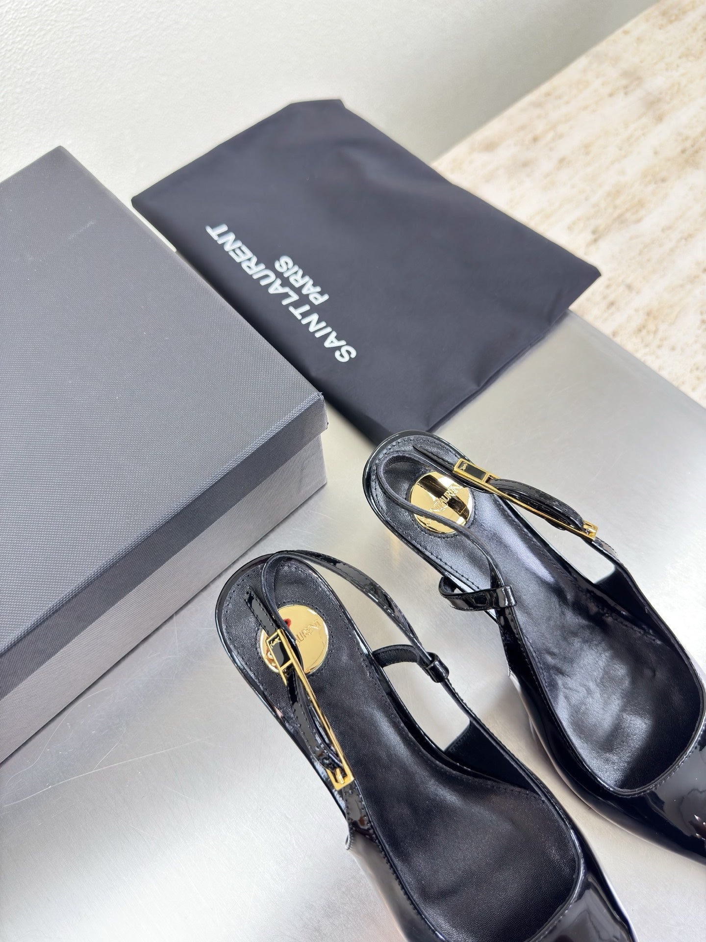YSL 26S SLINGBACK HIGH HEELS 75 MM IN BLACK GLOSSY CALFSKIN