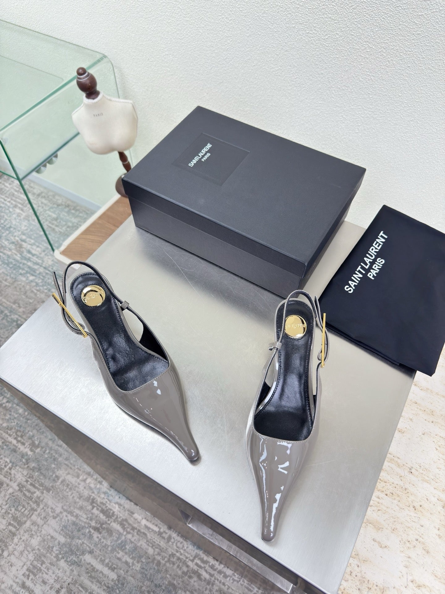 YSL 26S SLINGBACK HIGH HEELS 75 MM IN GREY GLOSSY CALFSKIN