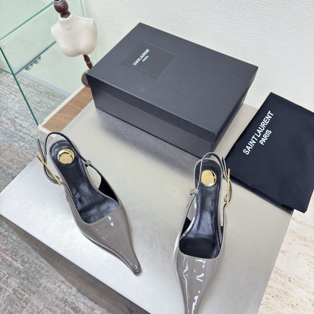 YSL 26S SLINGBACK HIGH HEELS 75 MM IN GREY GLOSSY CALFSKIN