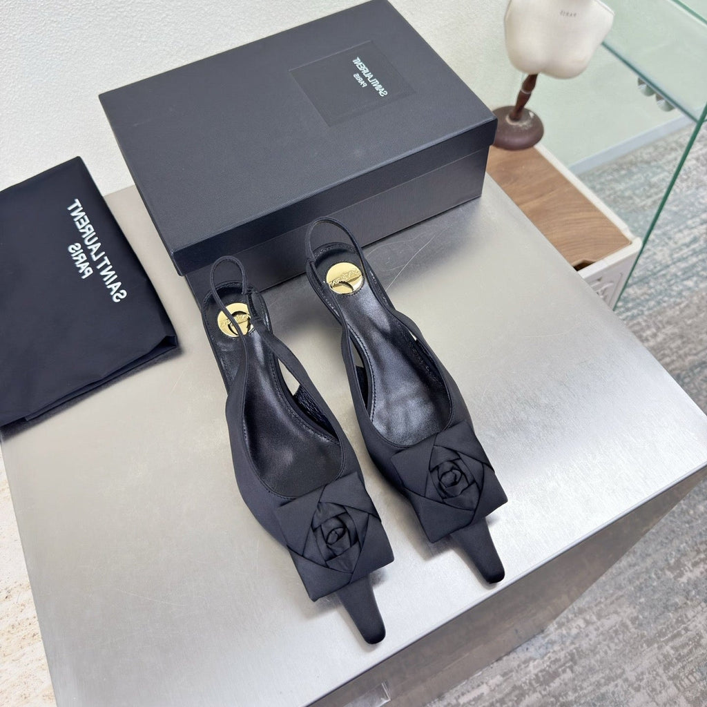 YSL 26S SLINGBACK HIGH HEELS 55 MM IN BLACK SATIN