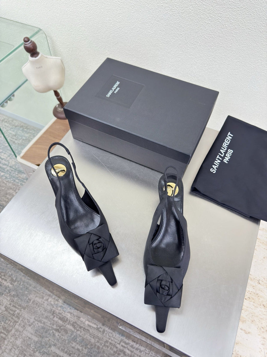 YSL 26S SLINGBACK HIGH HEELS 55 MM IN BLACK SATIN