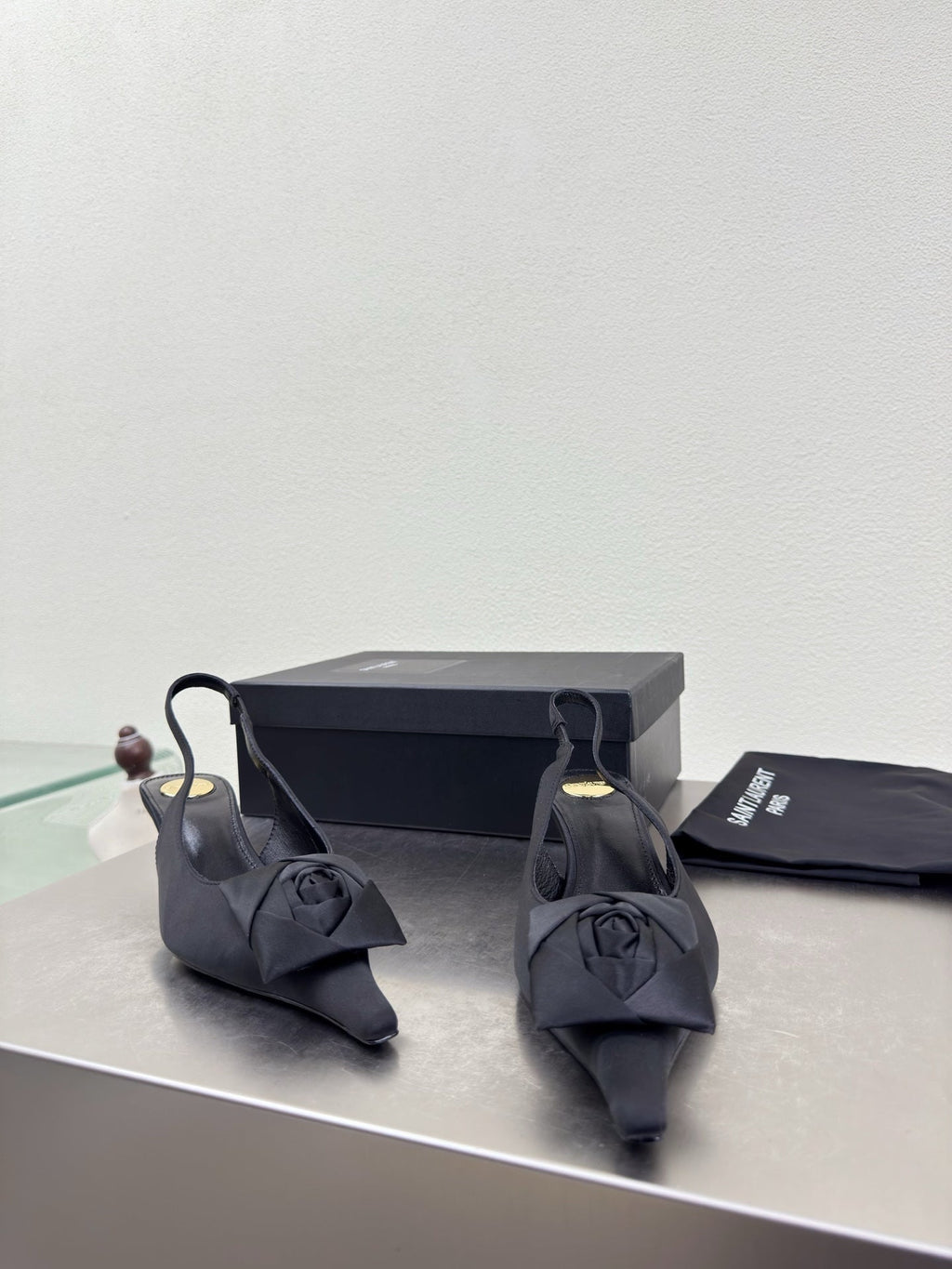 YSL 26S SLINGBACK HIGH HEELS 55 MM IN BLACK SATIN