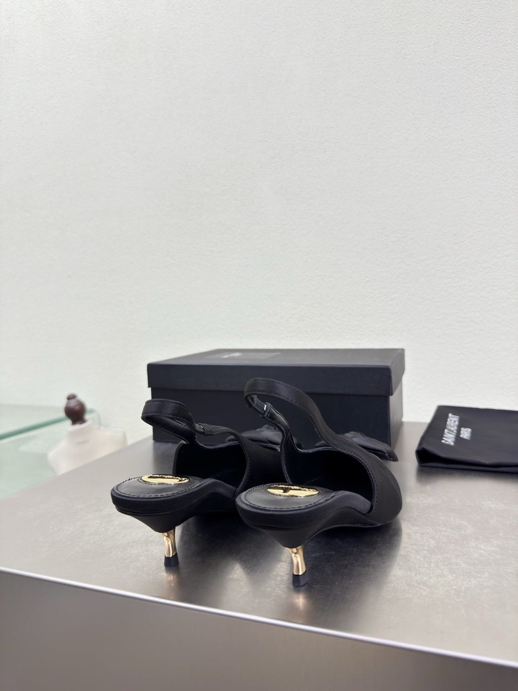 YSL 26S SLINGBACK HIGH HEELS 55 MM IN BLACK SATIN