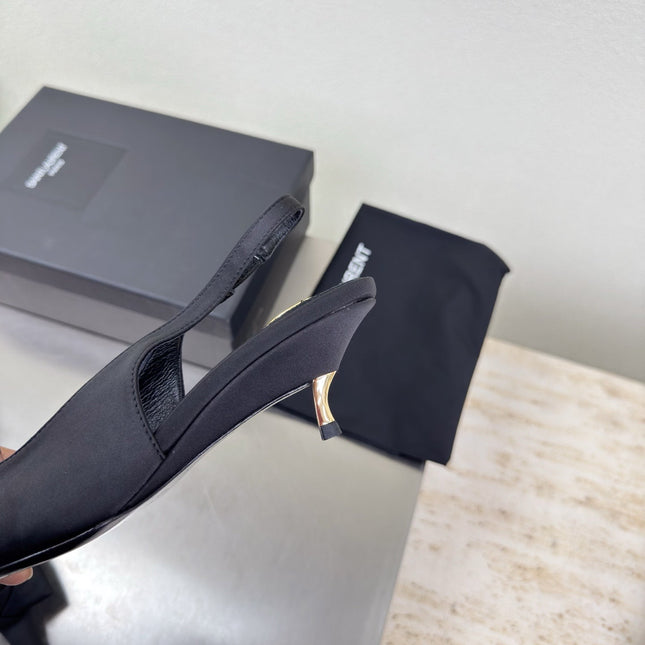 YSL 26S SLINGBACK HIGH HEELS 55 MM IN BLACK SATIN