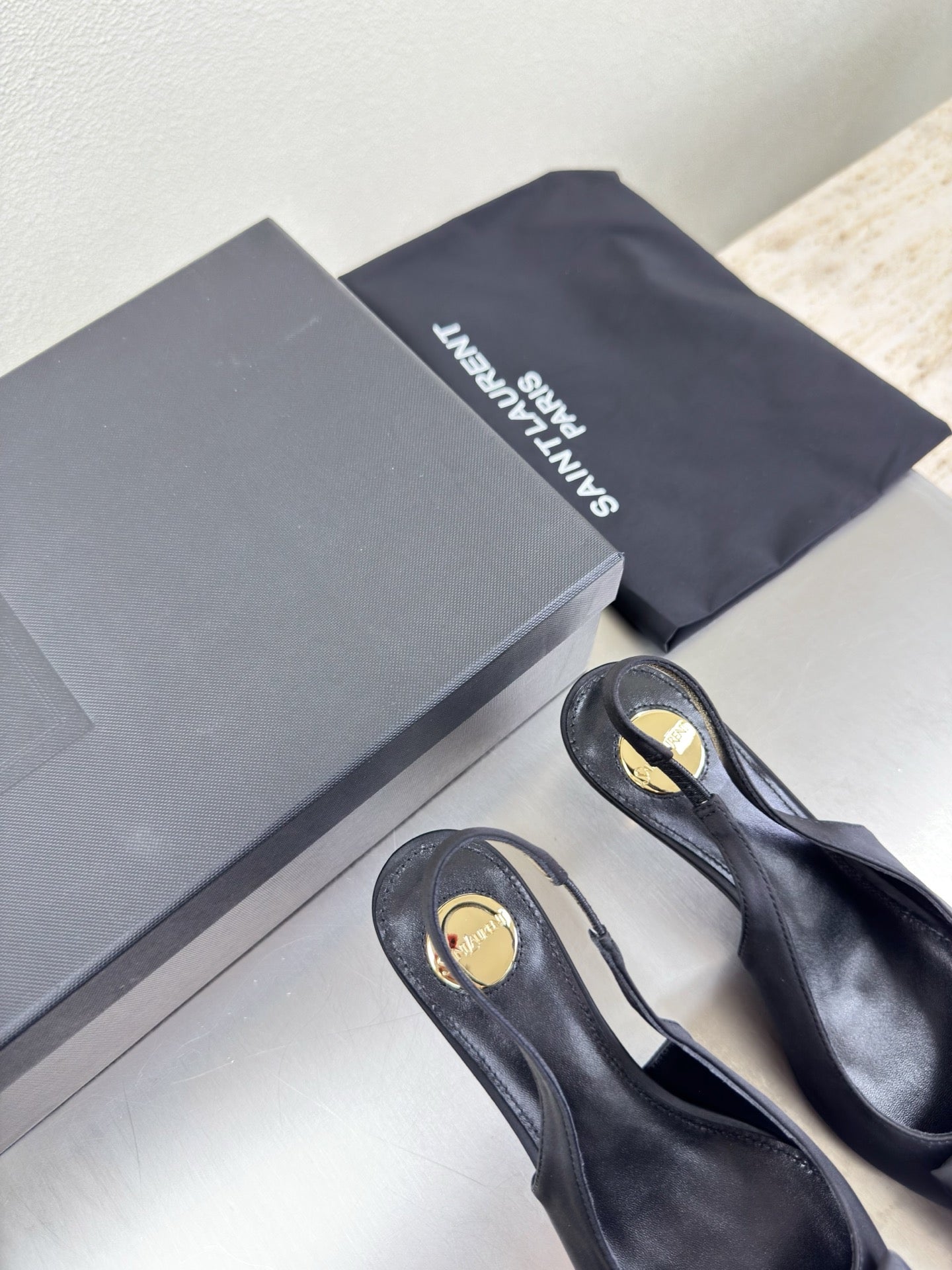 YSL 26S SLINGBACK HIGH HEELS 55 MM IN BLACK SATIN