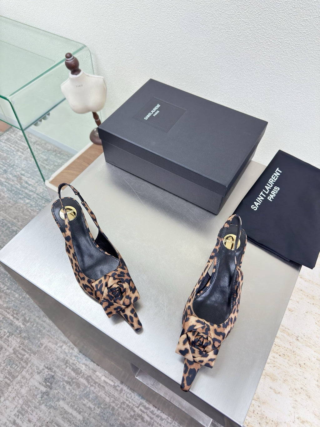 YSL 26S SLINGBACK HIGH HEELS 55 MM IN LEOPARD PRINT SATIN