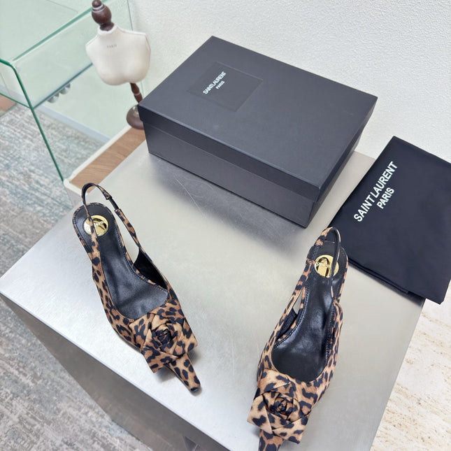 YSL 26S SLINGBACK HIGH HEELS 55 MM IN LEOPARD PRINT SATIN