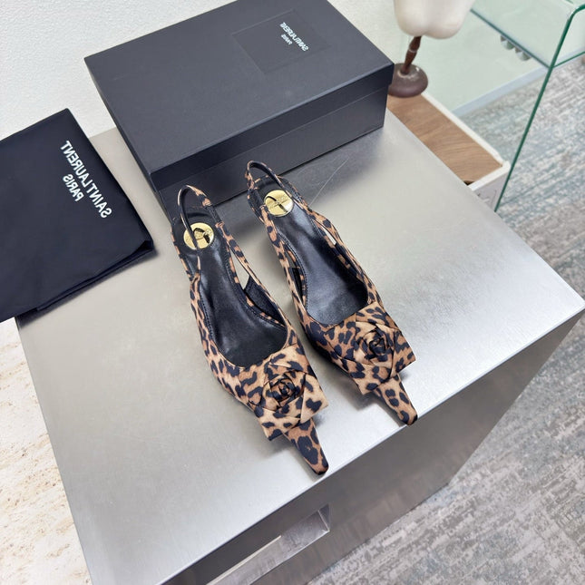 YSL 26S SLINGBACK HIGH HEELS 55 MM IN LEOPARD PRINT SATIN