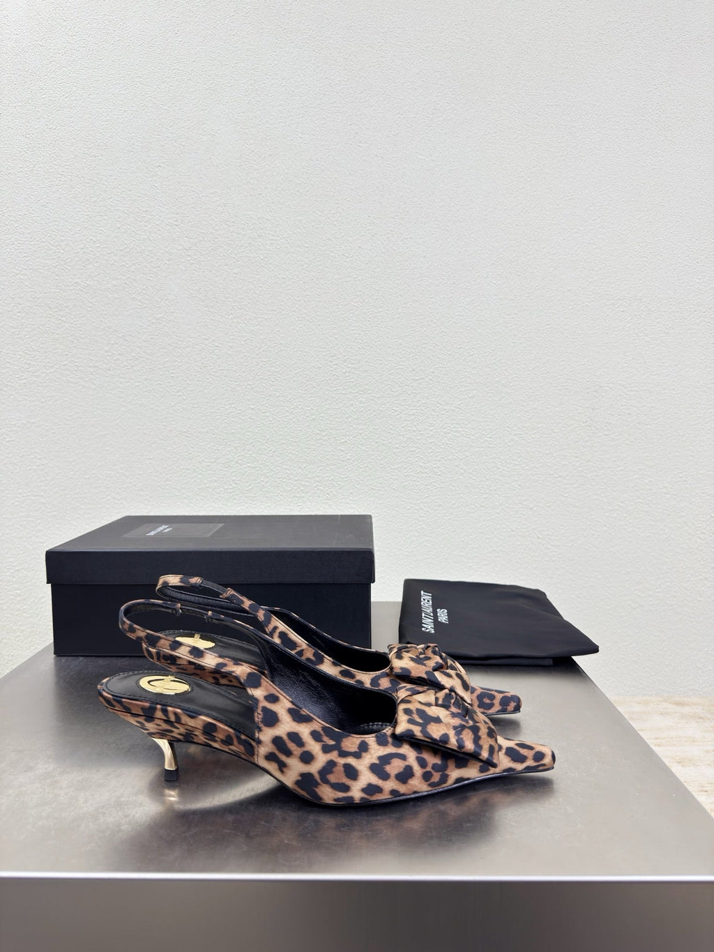 YSL 26S SLINGBACK HIGH HEELS 55 MM IN LEOPARD PRINT SATIN