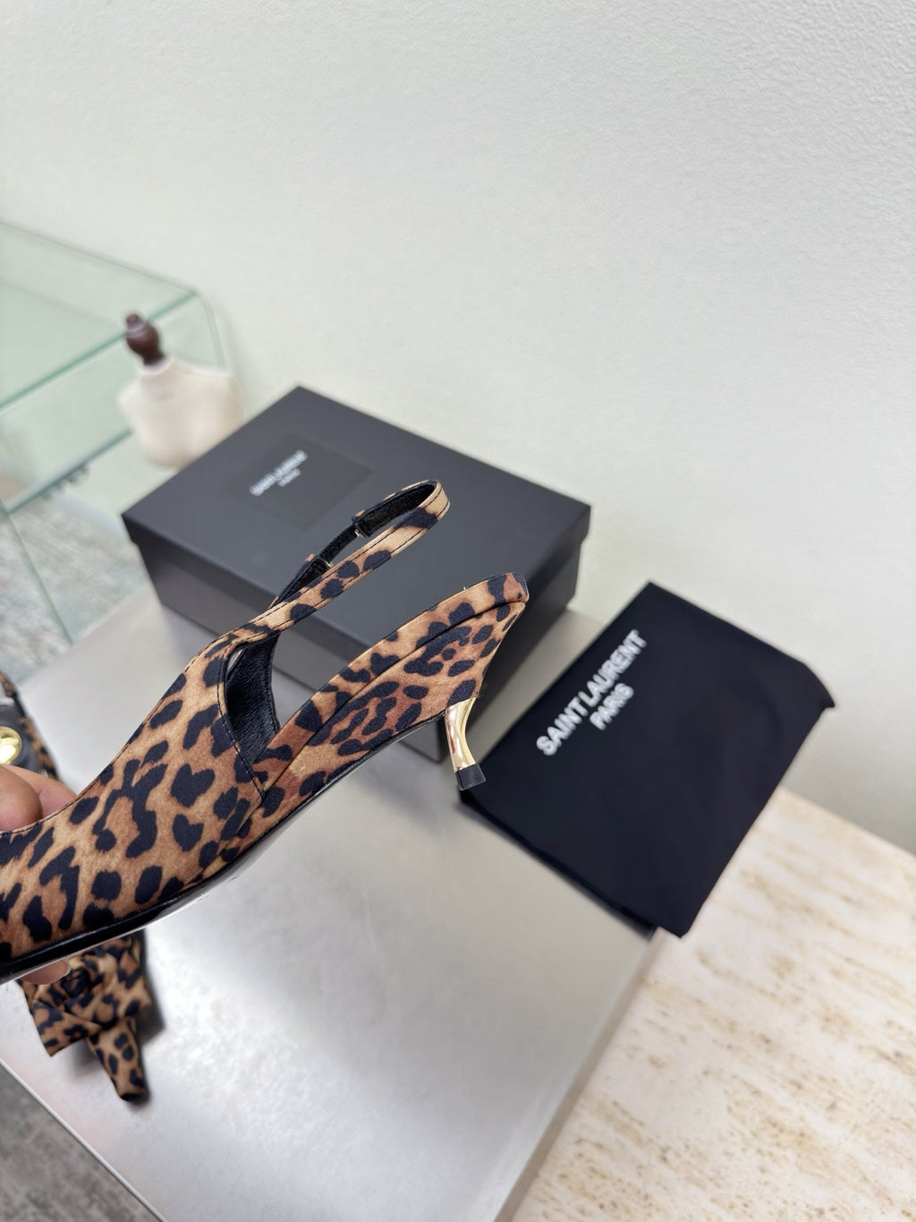 YSL 26S SLINGBACK HIGH HEELS 55 MM IN LEOPARD PRINT SATIN