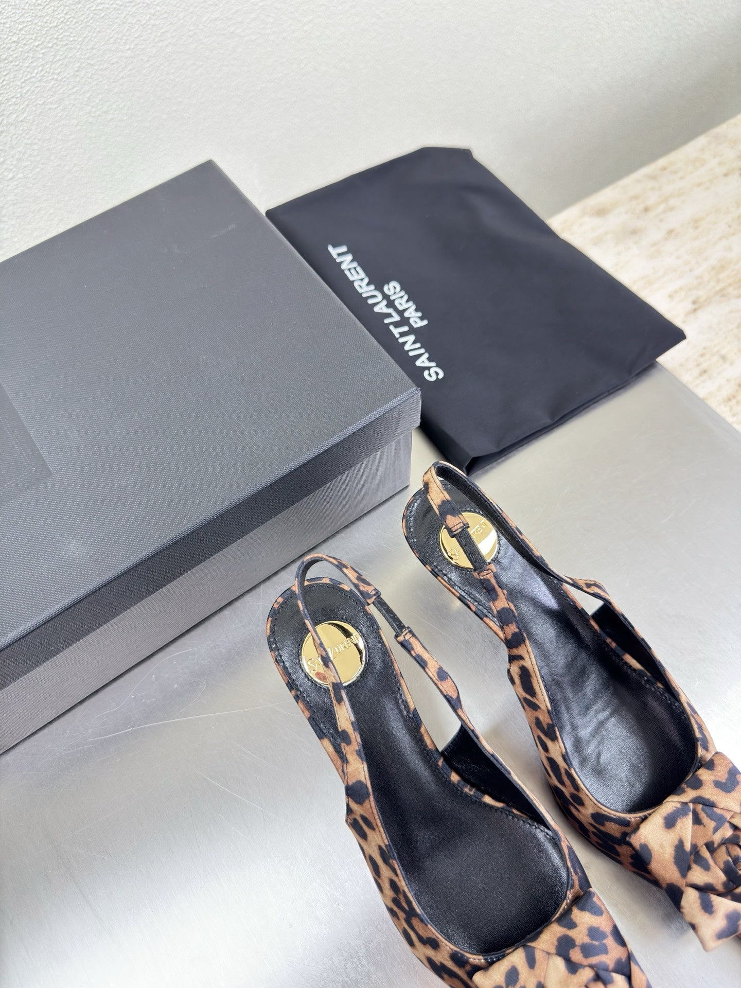 YSL 26S SLINGBACK HIGH HEELS 55 MM IN LEOPARD PRINT SATIN