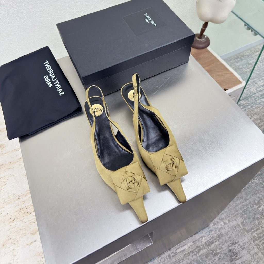 YSL 26S SLINGBACK HIGH HEELS 55 MM IN LIGHT OLIVE GREEN SATIN