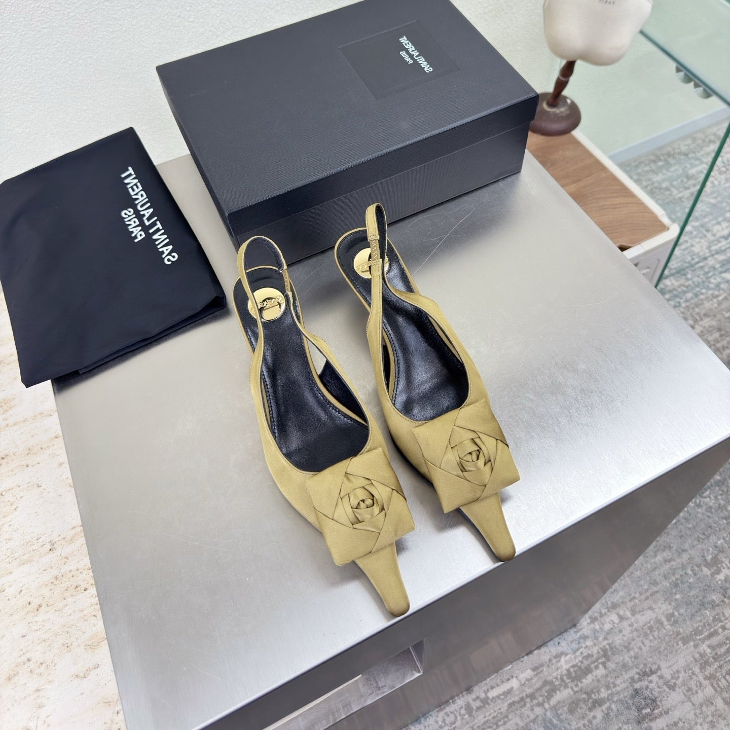 YSL 26S SLINGBACK HIGH HEELS 55 MM IN LIGHT OLIVE GREEN SATIN