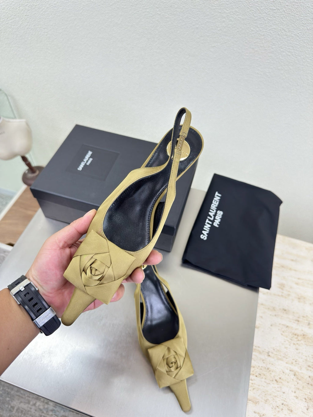 YSL 26S SLINGBACK HIGH HEELS 55 MM IN LIGHT OLIVE GREEN SATIN