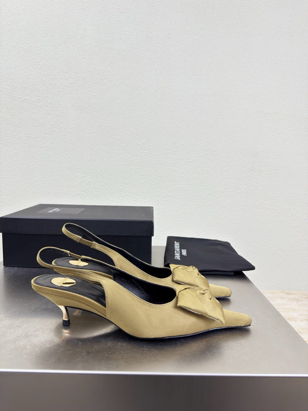YSL 26S SLINGBACK HIGH HEELS 55 MM IN LIGHT OLIVE GREEN SATIN
