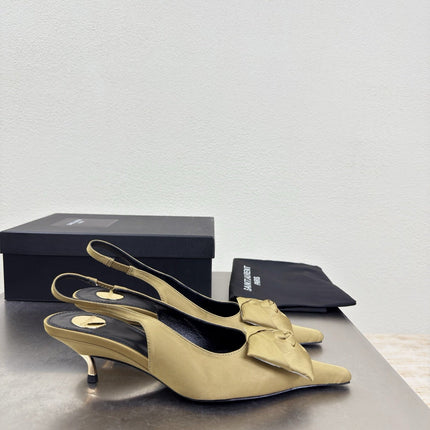 YSL 26S SLINGBACK HIGH HEELS 55 MM IN LIGHT OLIVE GREEN SATIN