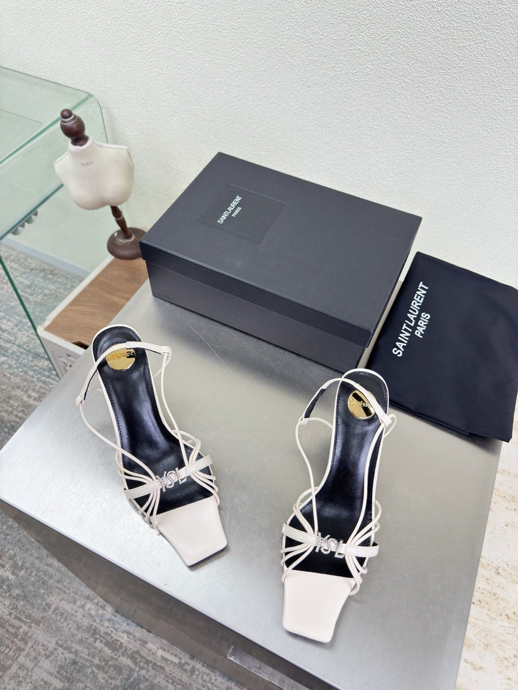 YSL 26S HIGH HEEL SANDALS 85 MM IN CREAM WHITE CALFSKIN WITH RHINESTONE LOGO