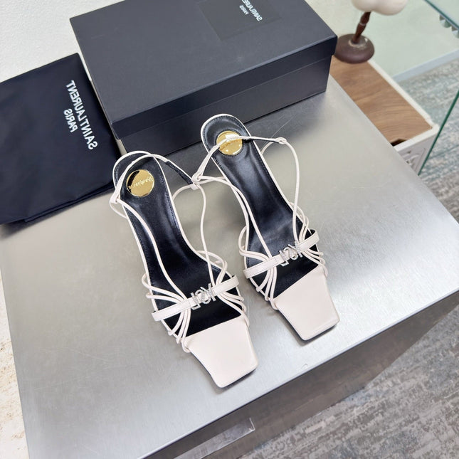 YSL 26S HIGH HEEL SANDALS 85 MM IN CREAM WHITE CALFSKIN WITH RHINESTONE LOGO