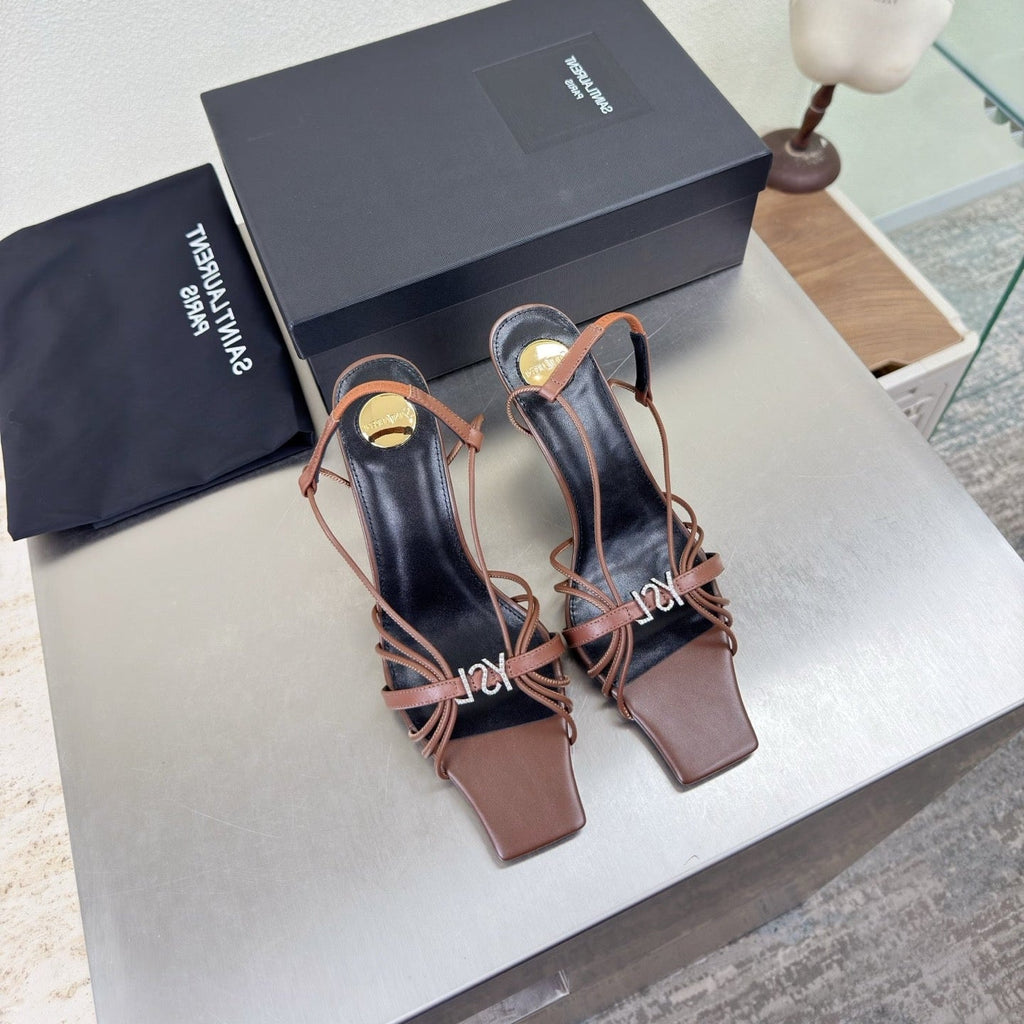 YSL 26S HIGH HEEL SANDALS 85 MM IN BROWN CALFSKIN WITH RHINESTONE LOGO