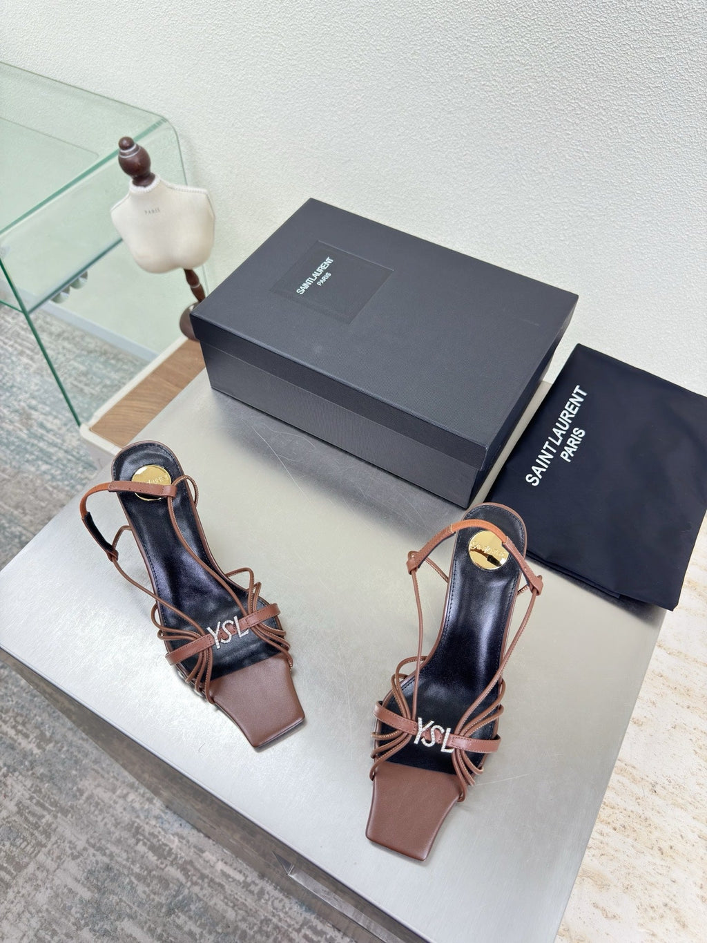 YSL 26S HIGH HEEL SANDALS 85 MM IN BROWN CALFSKIN WITH RHINESTONE LOGO
