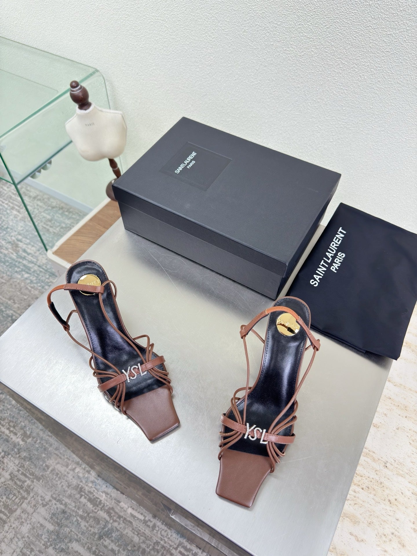 YSL 26S HIGH HEEL SANDALS 85 MM IN BROWN CALFSKIN WITH RHINESTONE LOGO