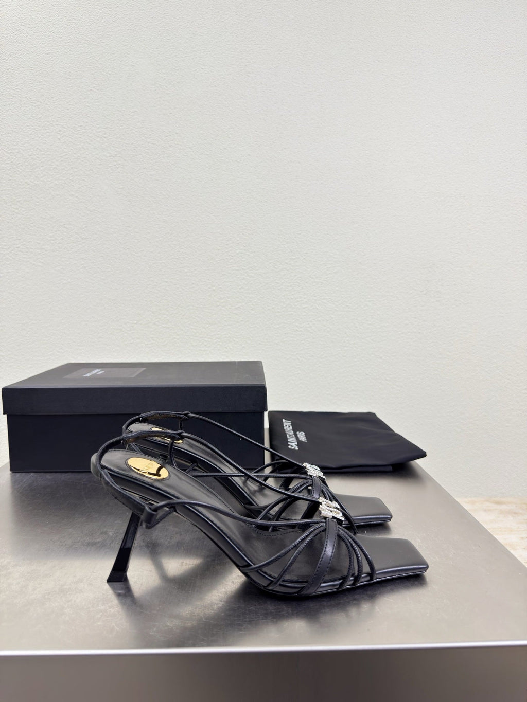 YSL 26S HIGH HEEL SANDALS 85 MM IN BLACK CALFSKIN WITH RHINESTONE LOGO