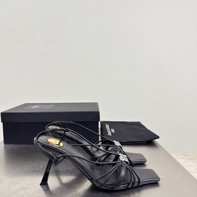 YSL 26S HIGH HEEL SANDALS 85 MM IN BLACK CALFSKIN WITH RHINESTONE LOGO