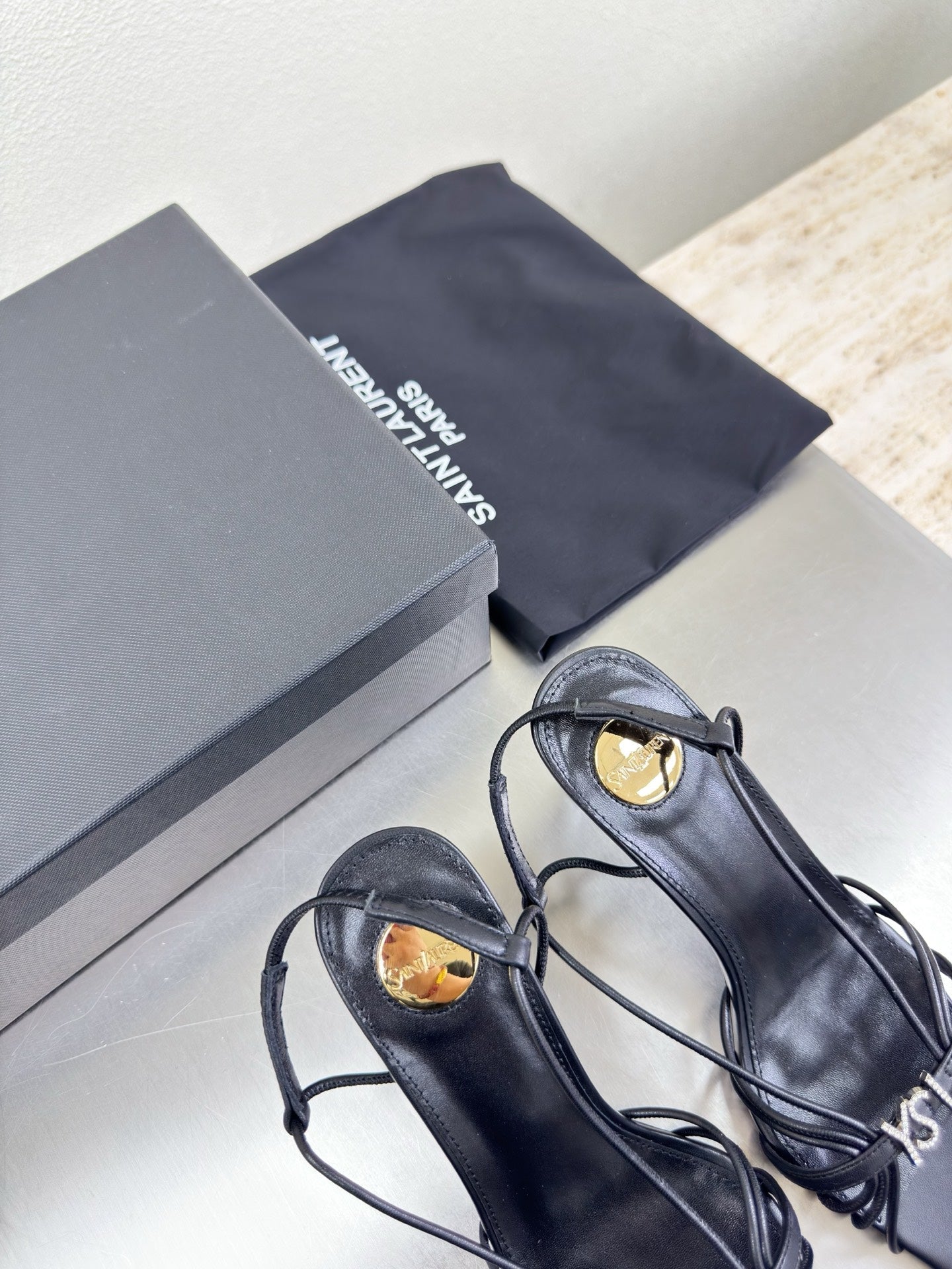 YSL 26S HIGH HEEL SANDALS 85 MM IN BLACK CALFSKIN WITH RHINESTONE LOGO