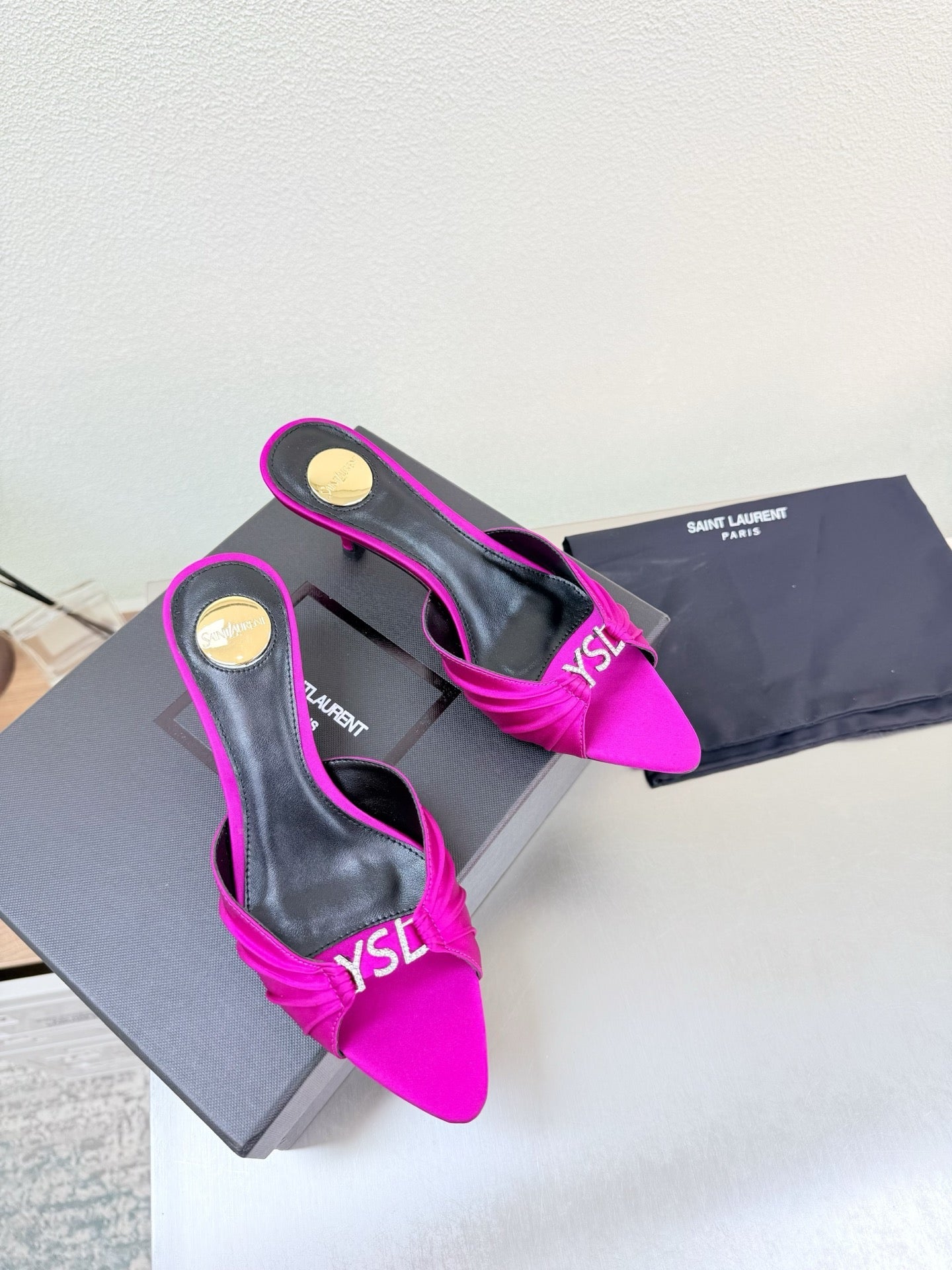 YSL 26S HIGH HEEL SANDALS 65 MM IN DARK PINK FABRIC